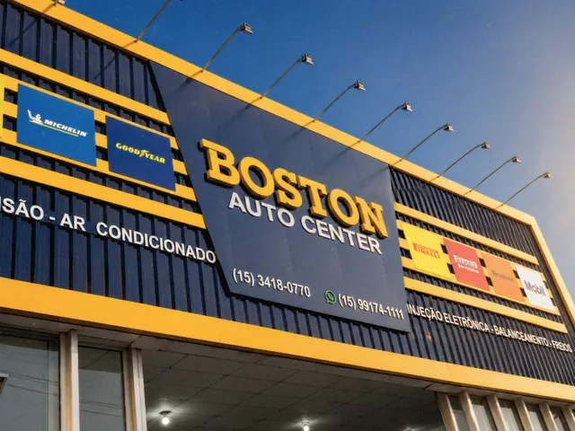 Fachada da Boston Auto Center com a identidade visual em azul e amarelo