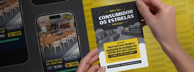 Peças da campanha Mês do Consumidor da Privilege Móveis & Decorações em celular e panfleto